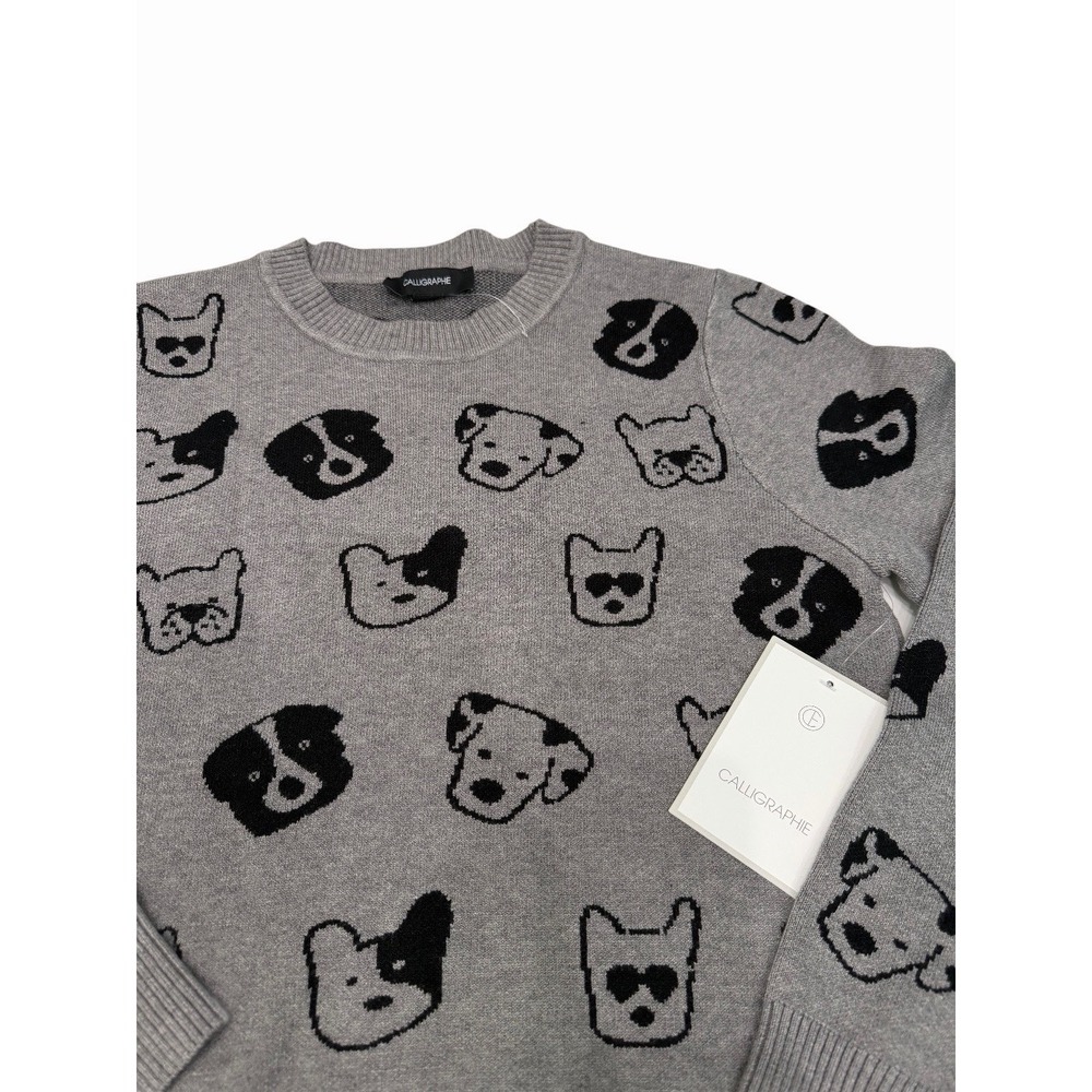 Anthropologie Calligraphie Novelty women's Sweater Dogs Print Grey Size M NWT - Picture 3 of 8